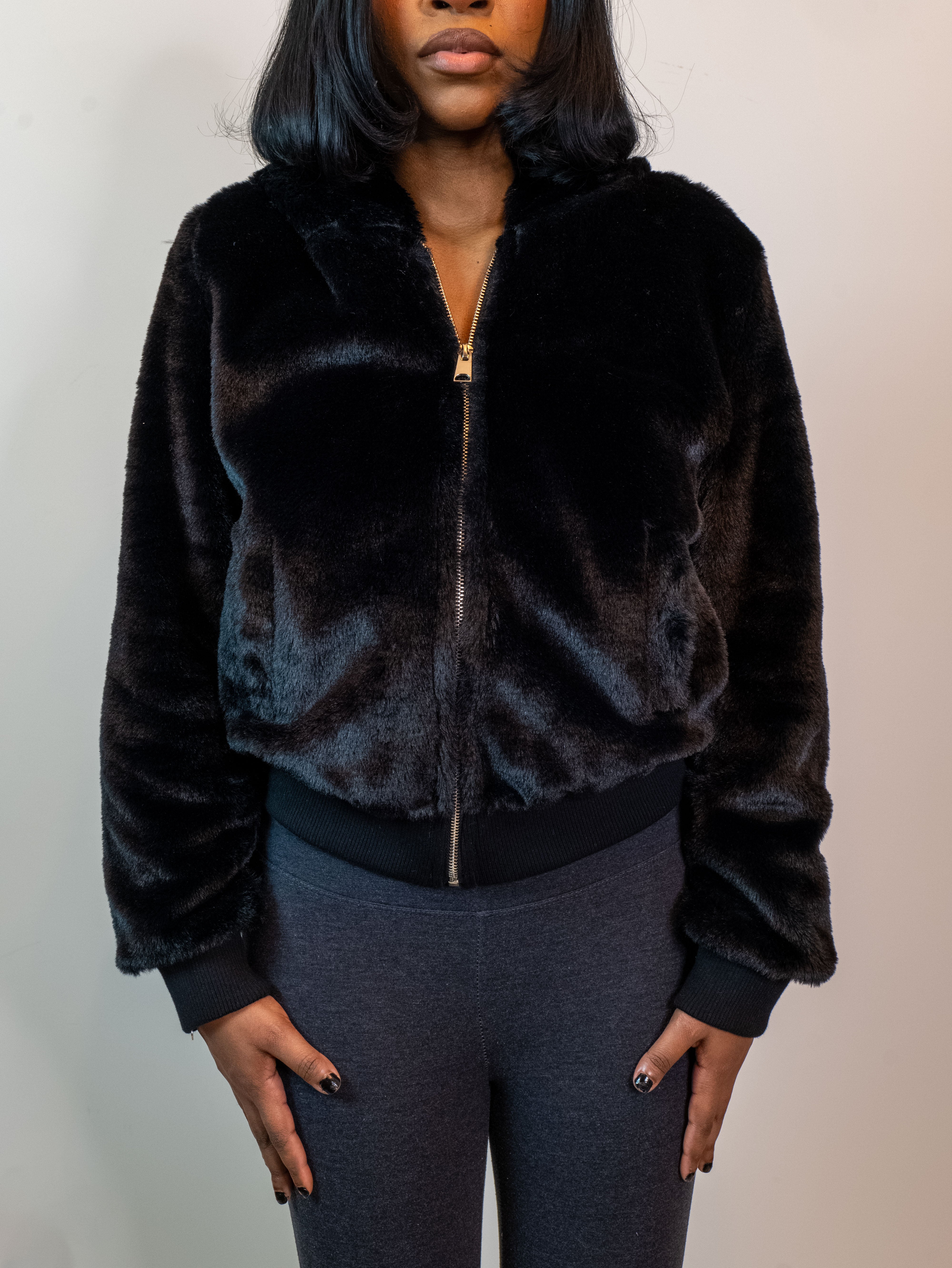 Black faux fur hood jacket zipper front long sleeves with rib waistband cuffs